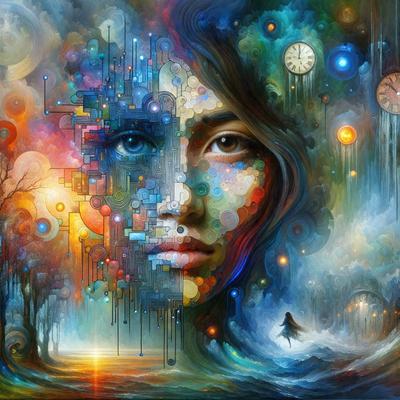 The primary subject of the image is a woman's face, which is the main focus of the painting. The setting is a forest, with trees visible in the background. The visual style is a combination of digital art and illustration, creating a vibrant and colorful scene. The colors and mood of the painting are lively and energetic, with a strong emphasis on the woman's face and the surrounding forest.